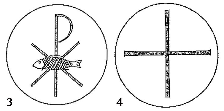 Hostiensymbole: Monogram mit Fisch, griech. Kreuz