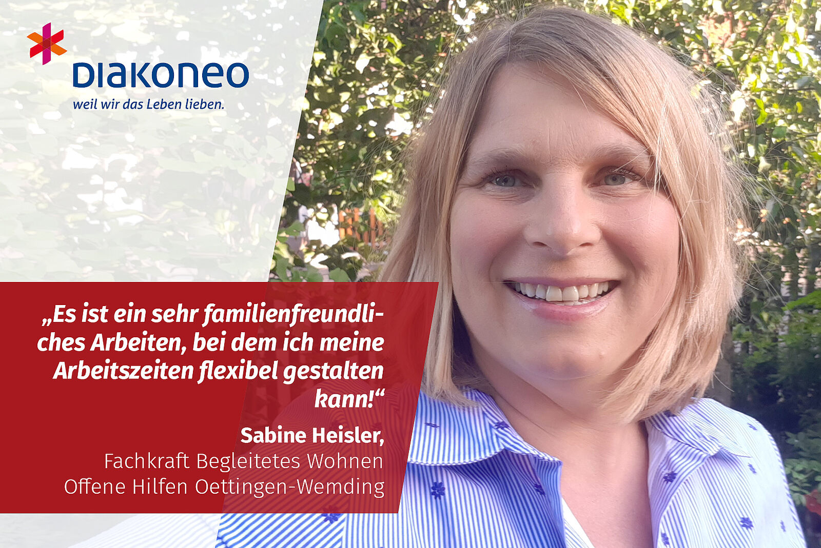 Porträt Vereinbarung Familie und Beruf: Sabine Heisler hat bei den Diakoneo Offene Hilfen Oettingen-Wemding die richtige Balance gefunden